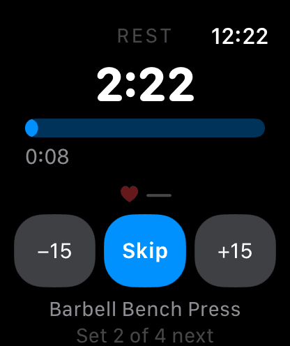 Apple Watch session showing live heart rate and the current set.